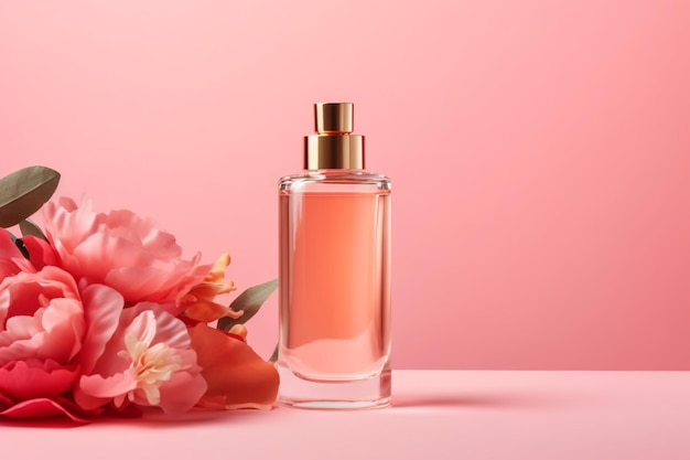 A bottle of perfume with flowers on a pink background