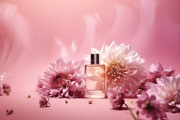 A bottle of perfume with flowers on a pink background