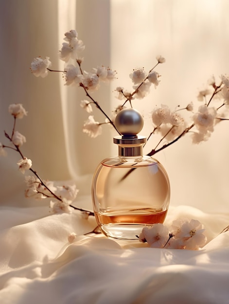 A bottle of perfume with flowers on the side of it