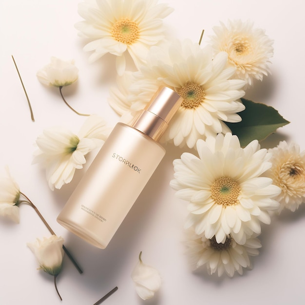 a bottle of perfume with flowers on the table