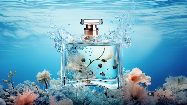 Photo a bottle of perfume with flowers in the water