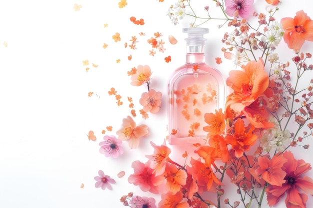 Photo bottle of perfume with flowers on white background