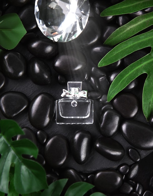 Bottle of perfume with fresh green leaves and black stone