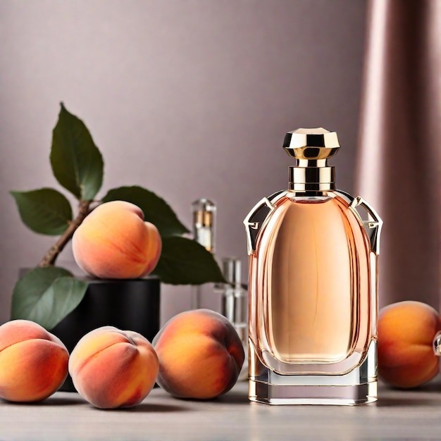 Bottle of perfume with fresh peaches on table on grey background