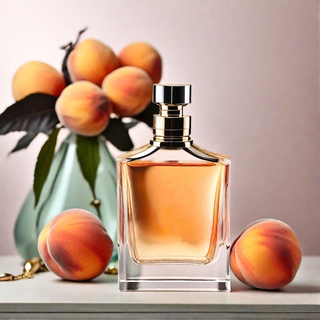 Бутылка с парфюме с свежими персиками на столе на сером фоне