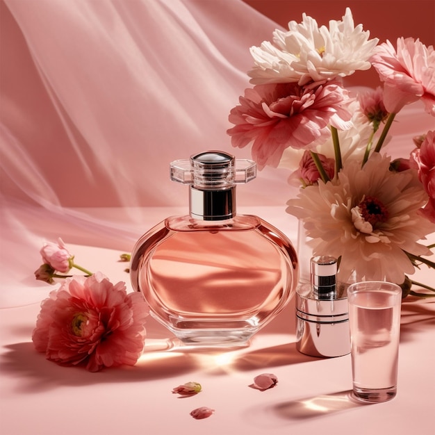 A bottle of perfume with a glass of flowers next to it