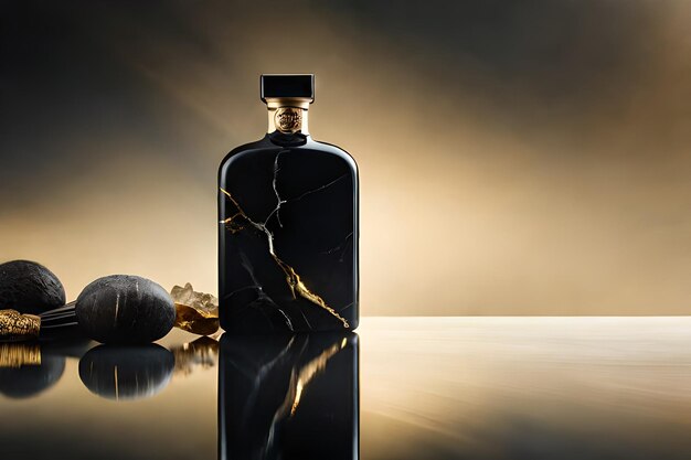 Photo a bottle of perfume with a gold background