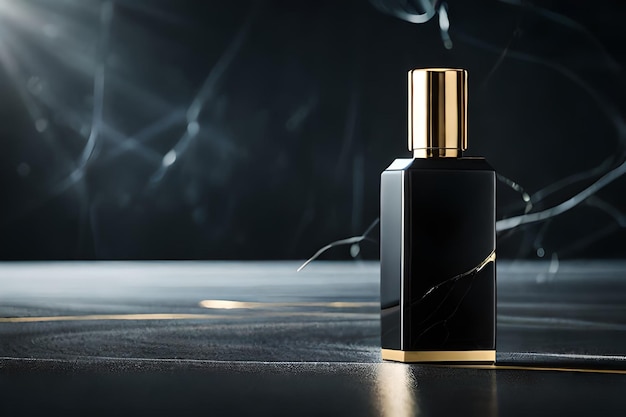 A bottle of perfume with a gold base and black marble on the table.