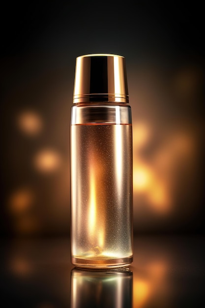 A bottle of perfume with a gold cap on the top.