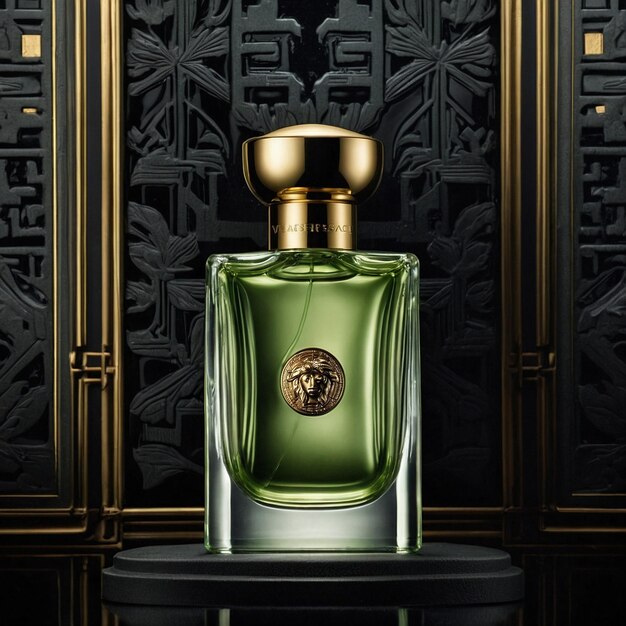 Photo a bottle of perfume with a gold emblem on the front