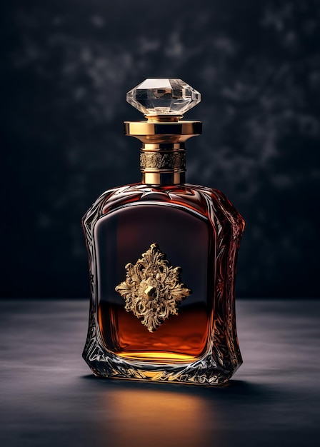 A bottle of perfume with a gold flower on the top