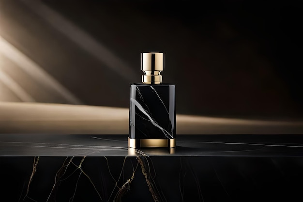 A bottle of perfume with a gold top and black letters on a marble surface.