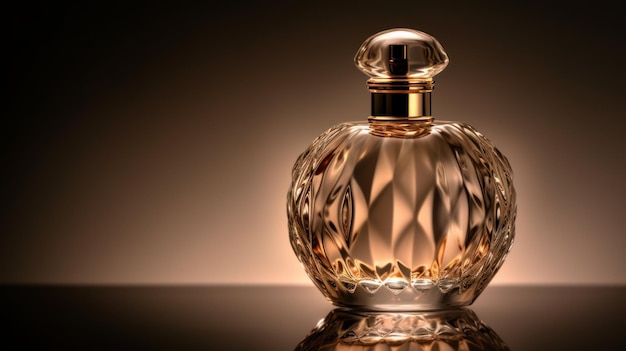 A bottle of perfume with a gold top and a gold top