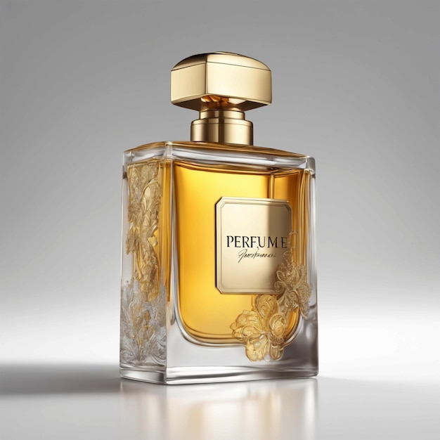 A bottle of perfume with a gold top that says perfume