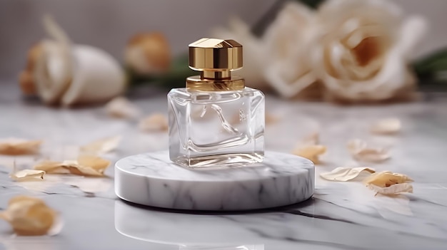 A bottle of perfume with a gold top and a white marble base