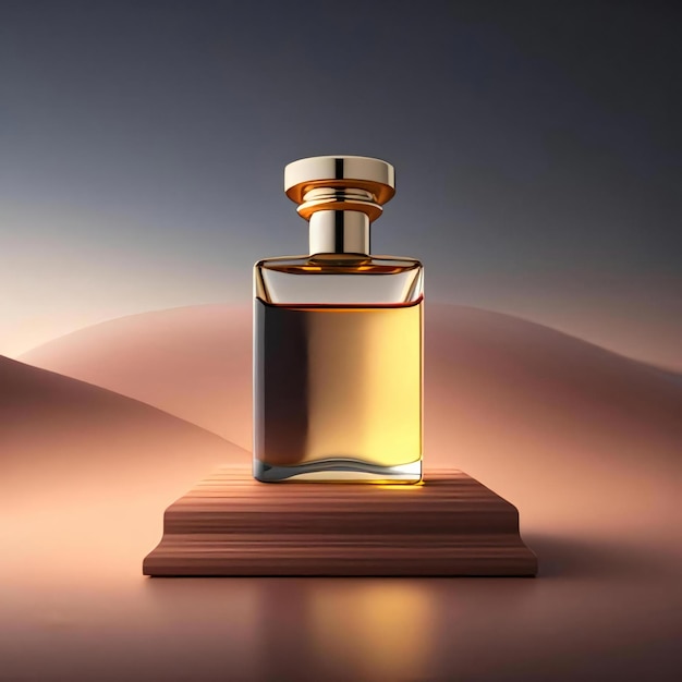 A bottle of perfume with a gold top on wooden table created with generative ai