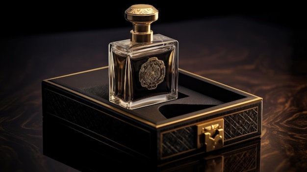 A bottle of perfume with a gold and white label on the front.