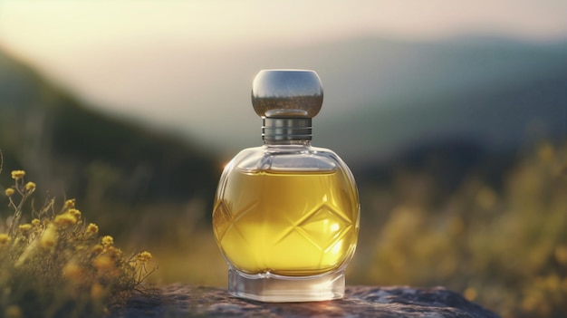 A bottle of perfume with a golden top sits on a stone ledge.