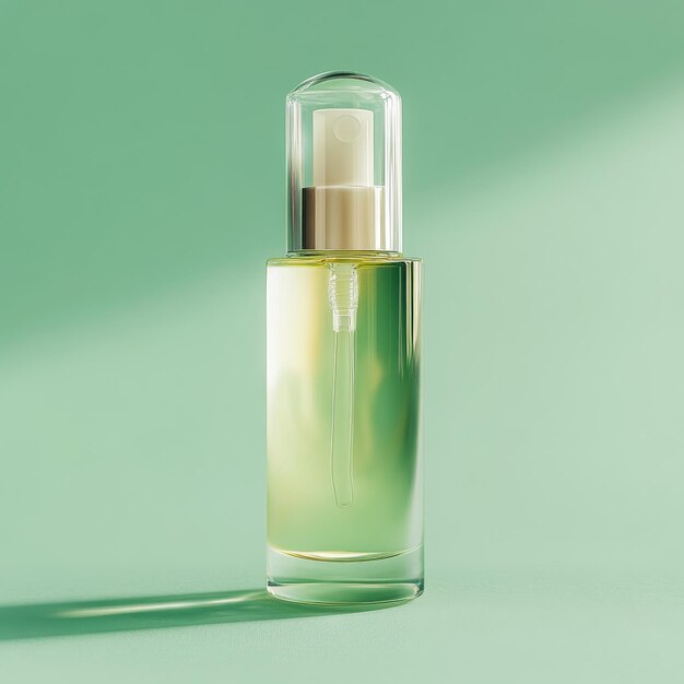 a bottle of perfume with a green background