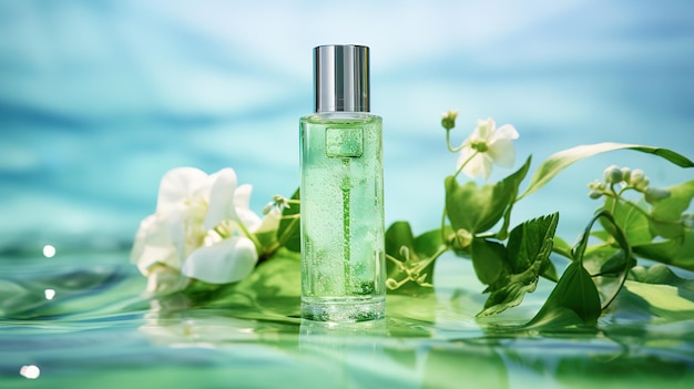 A bottle of perfume with a green background