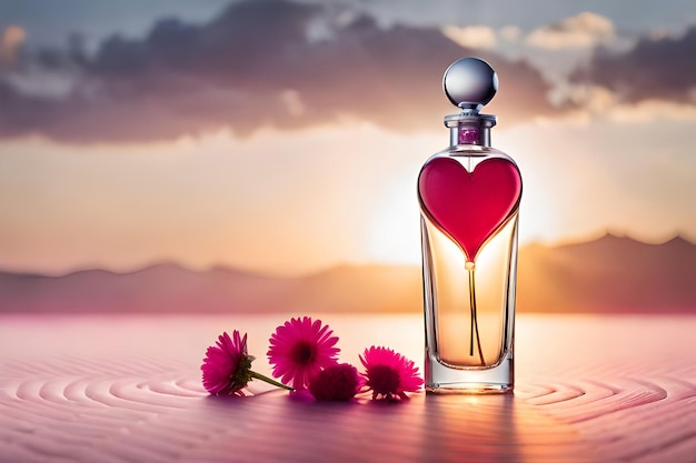 A bottle of perfume with a heart shaped bottle next to flowers.