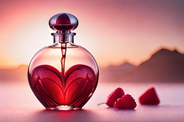 A bottle of perfume with a heart shaped bottle of perfume being poured into it.