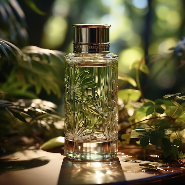 a bottle of perfume with the leaves in the background