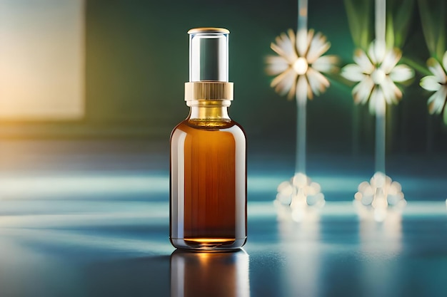 a bottle of perfume with a light on the background.