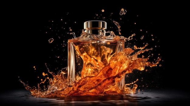 A bottle of perfume with orange liquid being poured into it