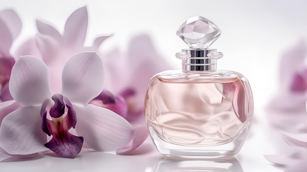 A bottle of perfume with a orchid on the side