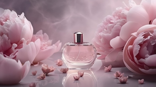 A bottle of perfume with peonies on the table