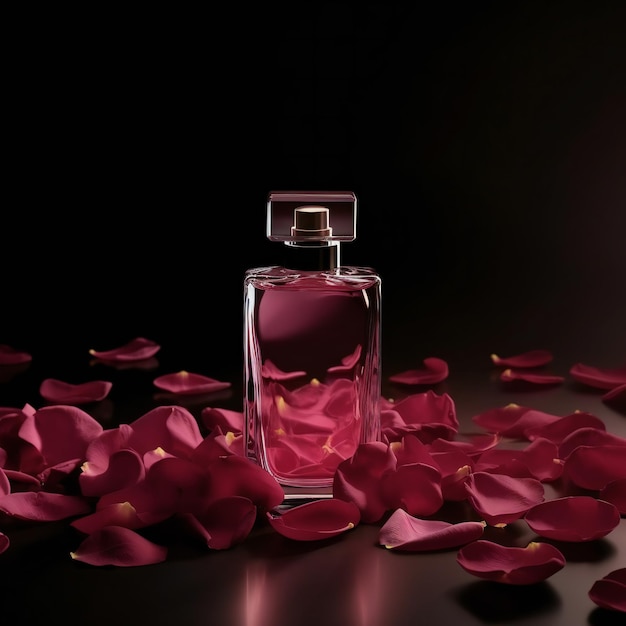 A bottle of perfume with petals on the table