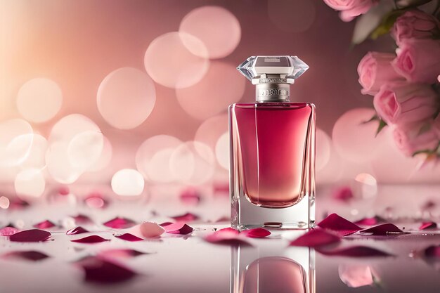 A bottle of perfume with petals on the table
