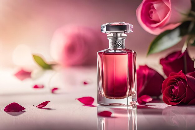 A bottle of perfume with petals on the table