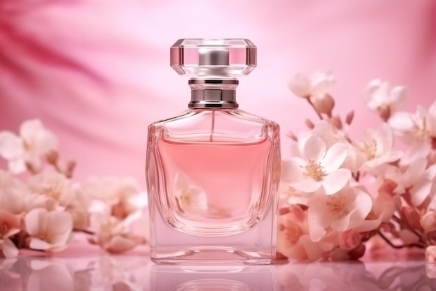 A bottle of perfume with a pink background and floral