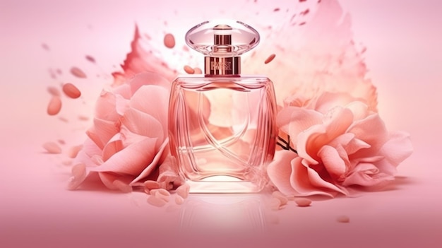 A bottle of perfume with a pink background and a pink flower.