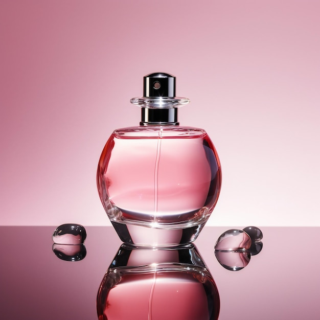 A bottle of perfume with a pink background and the word perfume on it.