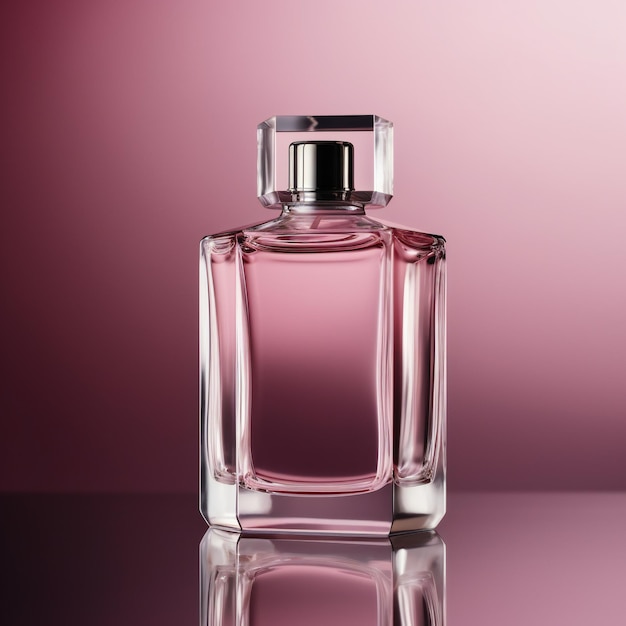 A bottle of perfume with a pink background.