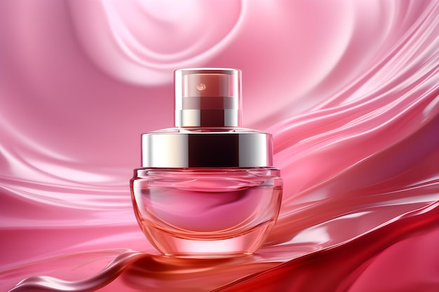 A bottle of perfume with a pink background