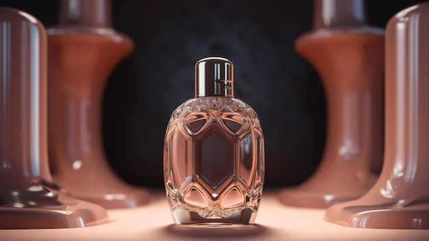 A bottle of perfume with a pink background