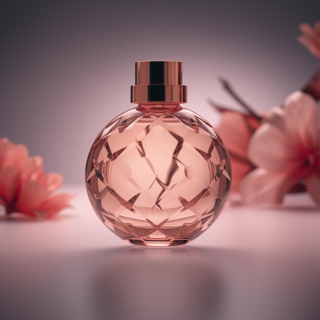 A bottle of perfume with a pink flower behind it.