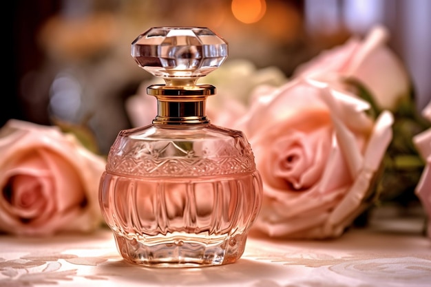 A bottle of perfume with a pink flower behind it