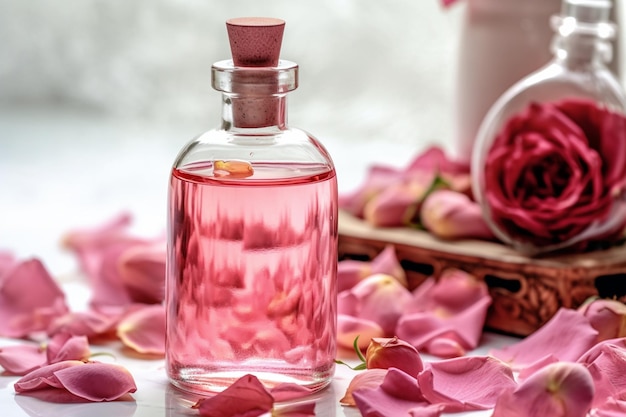 A bottle of perfume with a pink flower petals on the table