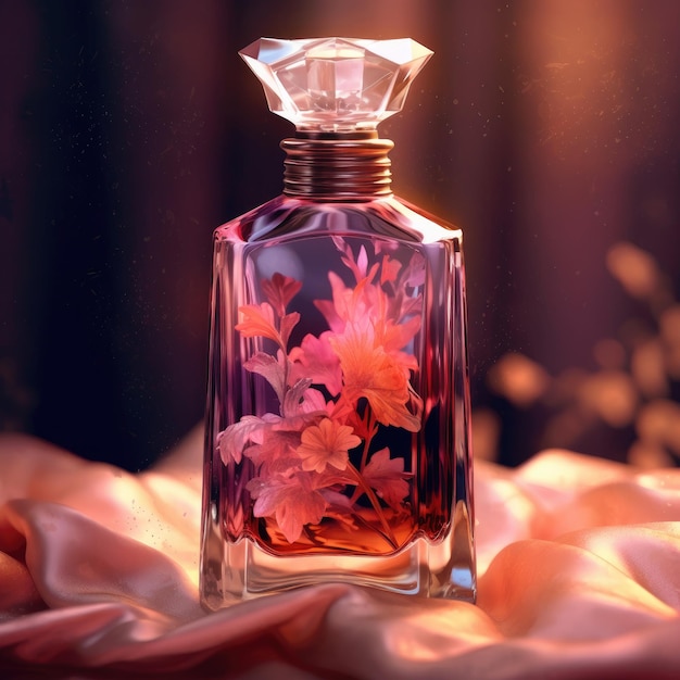 A bottle of perfume with a pink flower on the top.