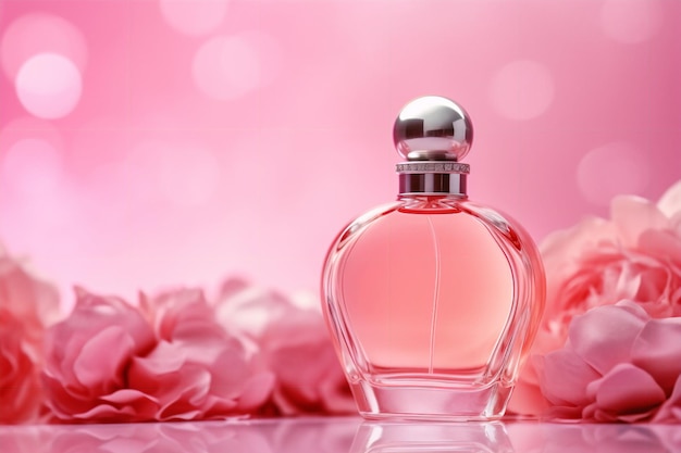 A bottle of perfume with pink flowers on the background