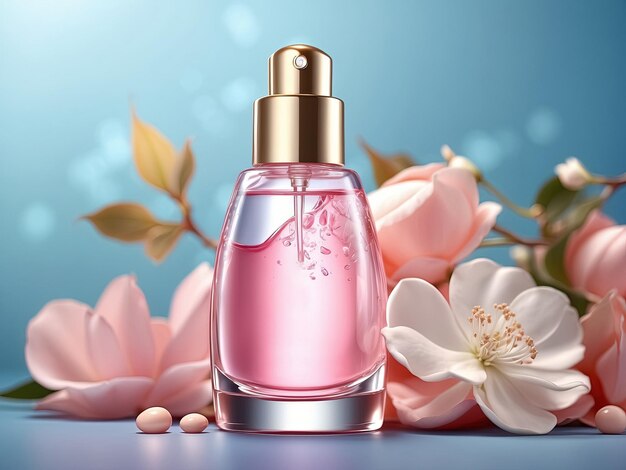 Photo bottle of perfume with pink flowers on blue background generative ai