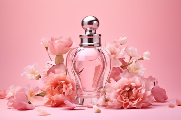 A bottle of perfume with pink flowers on a pink background.