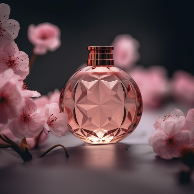 A bottle of perfume with pink flowers on the side.