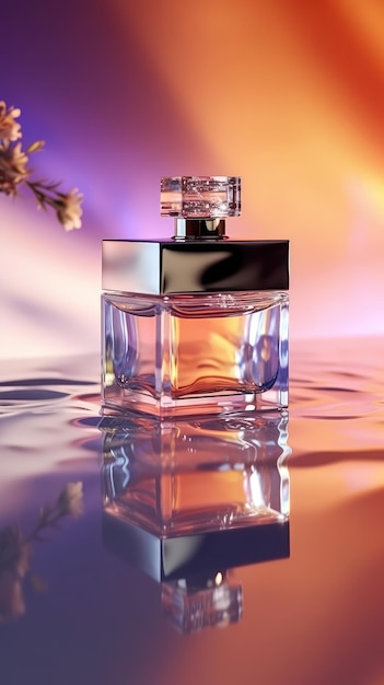 A bottle of perfume with a pink and orange background
