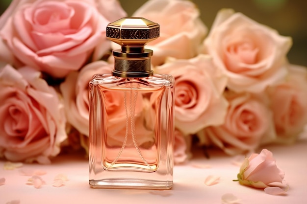 A bottle of perfume with a pink rose behind it